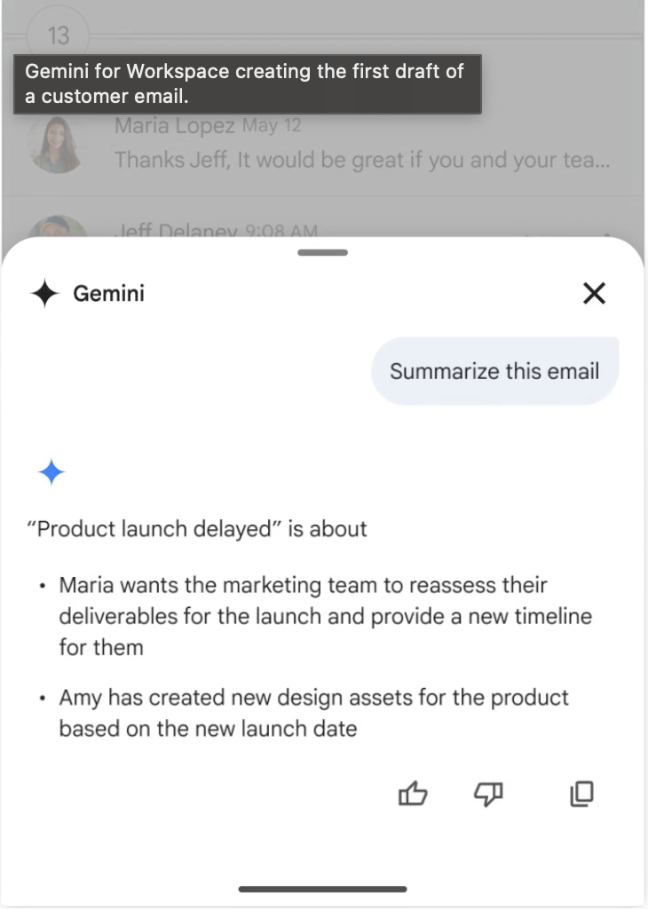 Google's Gemini AI usage in Gmail showing email summarization.